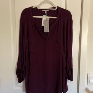 Dark purple long sleeve  v-neck 3X tunic with tags and buttons
